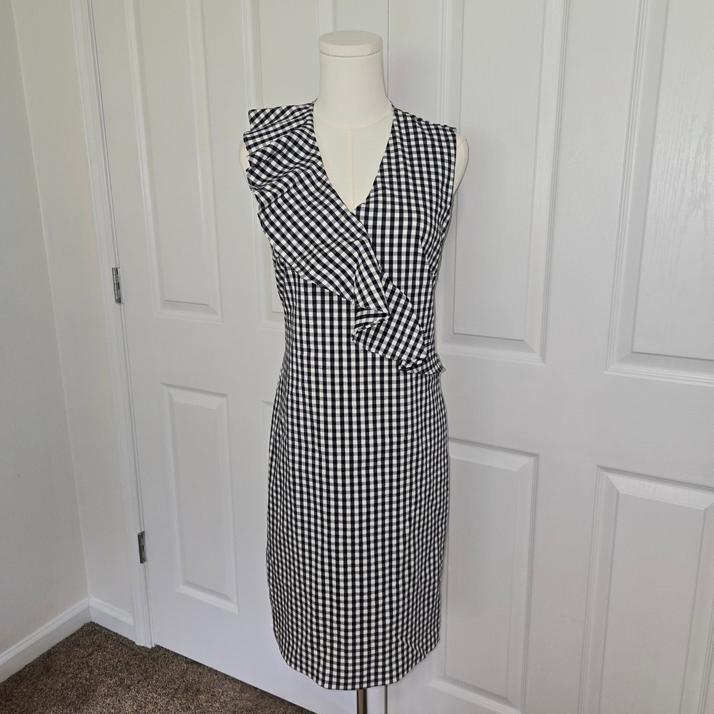 J.McLaughlin Sheath Dress Womens 6 Navy Blue Gingham Ruffle V-Neck Sleeveless